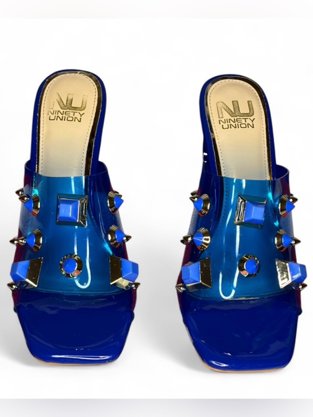 Ninety Union Vegas Gold Blue Rhinestone Jewelry Dress Sandal Heel Shoes US 8